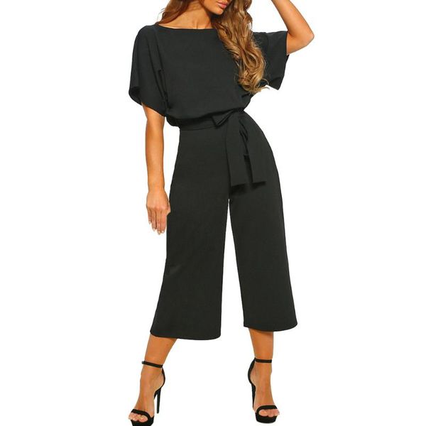 

women's jumpsuits & rompers women jumpsuit siamese black short sleeve playsuit clubwear straight leg with belt romper female clothing#c, Black;white
