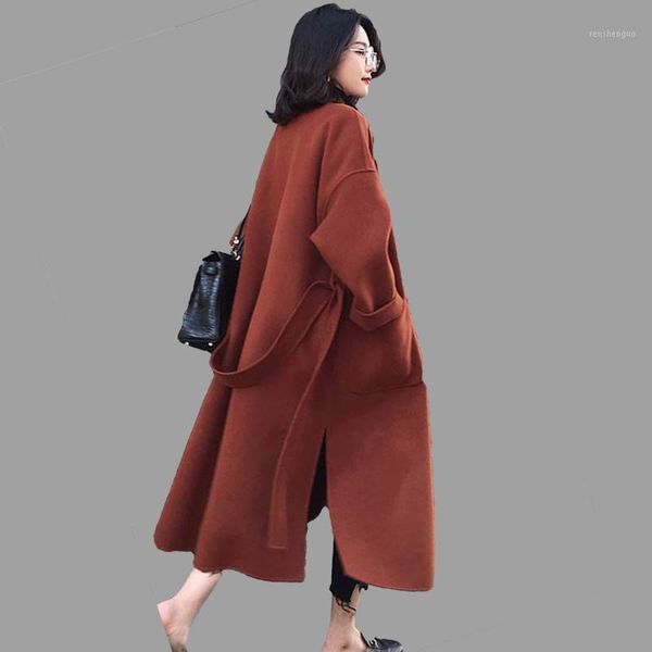 

women's wool & blends coat autumn winter 2021 fashion classic solid woolen jacket loose thicken long outerwear female, Black