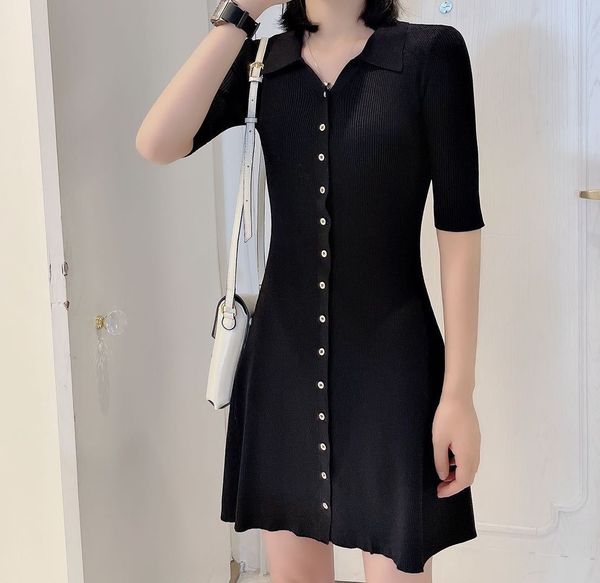 

french 's ice silk knitted dress women's 21 spring and summer new single breasted v-neck temperament slim small black skirt, Black;gray