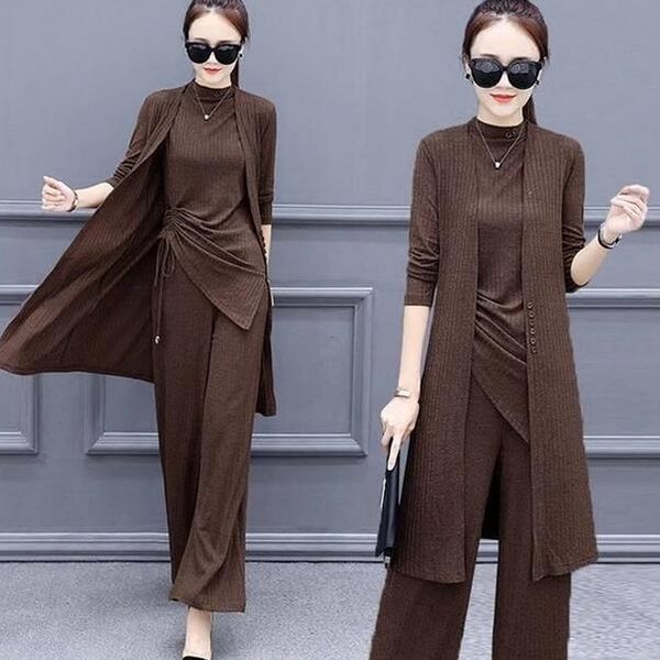 

women's tracksuits knitted 3 pieces set women tracksuit long sleeve cardigan pullover and wide leg pants suit sets 2021 dc67, Gray