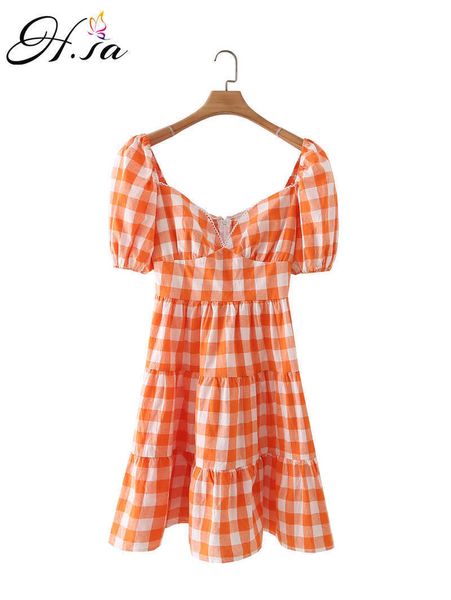 

hsa dress women plaid v-neck short sleeve loose fashion cascading sweet korean style backless zipper chic student orange 210716, Black;gray