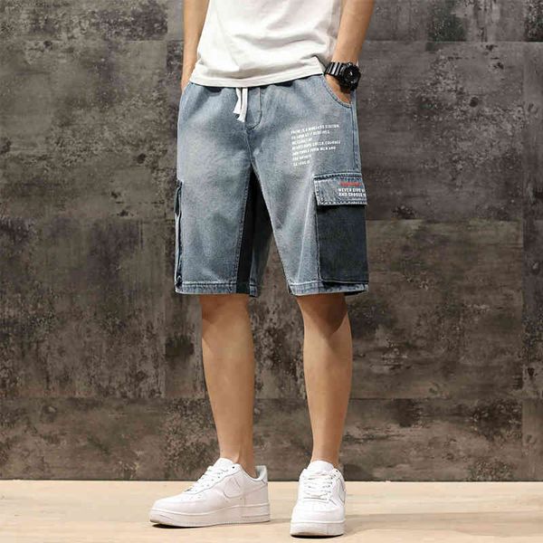 Homens denim shorts streetwear cintura elástica calções bermudas macho grande bolso casual meia jean verão moda carga