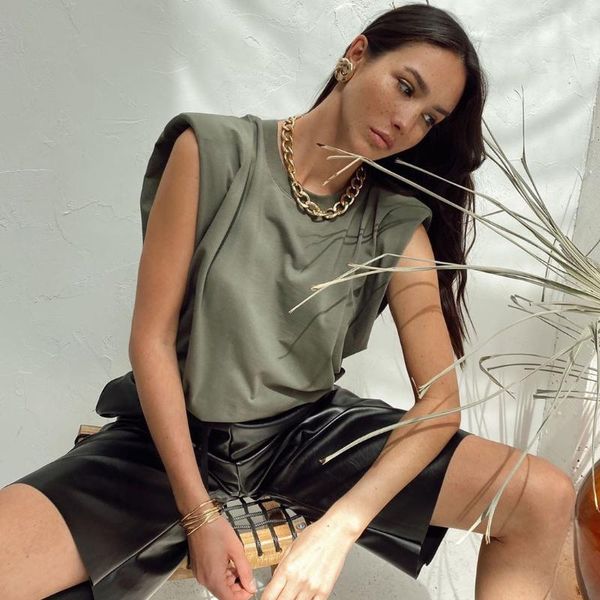 

sleeveless solid t shirts women 2021 summer tee o-neck shoulder padded oversized women's t-shirts t-shirt, White