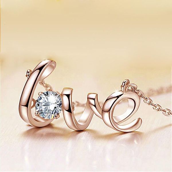 

personality hanging letter love shape link chain pendant necklace setting cubic zirconia rose golden color for lovers necklaces, Silver