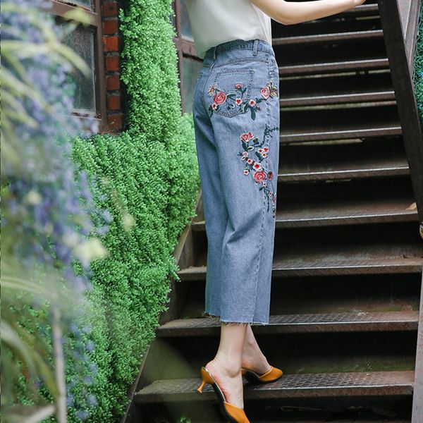 

jean arrival spring korea fashion women high waist cotton denim wide leg pants flower embroidery vintage loose jeans s962 rsum, Blue