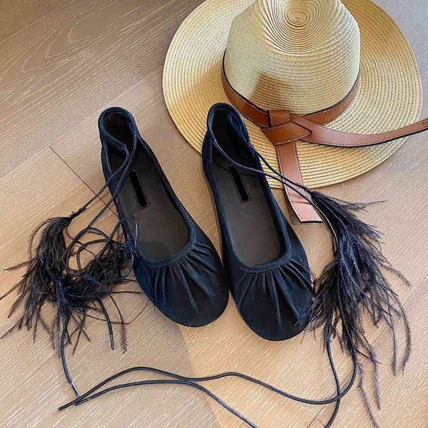 

crowd ann small high version anti velvet black dark feather bandage fold shallow mouth flat ballet shoes single shoes yw