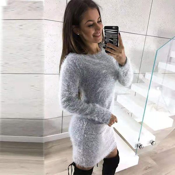 

casual dresses cinessd women plush bodycon dress round neck long sleeve gray autumn winter sheath office lady solid midi pullovers, Black;gray
