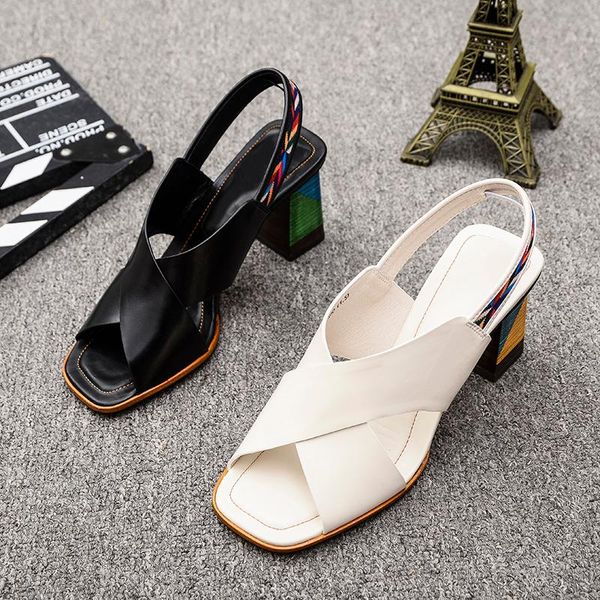 

summer leather cross coarse fish mouth high-heeled sandals, Black