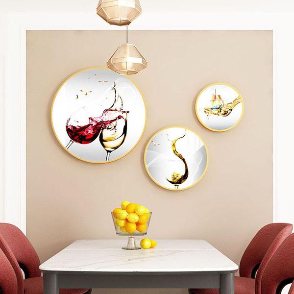 

frames 3 pcs wine cup restaurant decorative painting modern simple dining room wall circular hanging crystal porcelain mural