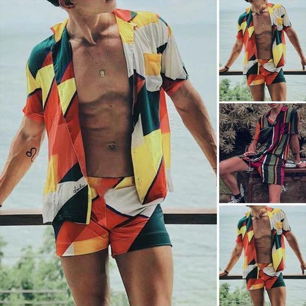 

summer sets short sleeve cardigan mens tracksuits shirts elastic shorts fashion suits man vintage printing hawaiian beach 2 pieces 7, Gray