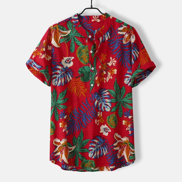 

shirt mens summer fashion stand collar floral print short sleeve shirt vintage shirts for men jun, White;black