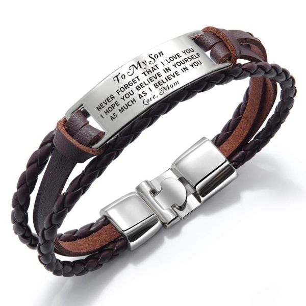 

to my son trendy leather bracelet chains made of stainless steel carvings love you-mom charm bracelets, Golden;silver