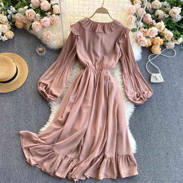 

spring french retro vestidos female v-neck puff sleeves lotus leaf slim slimming lady temperament fashion midi dress c584 210506, Black;gray