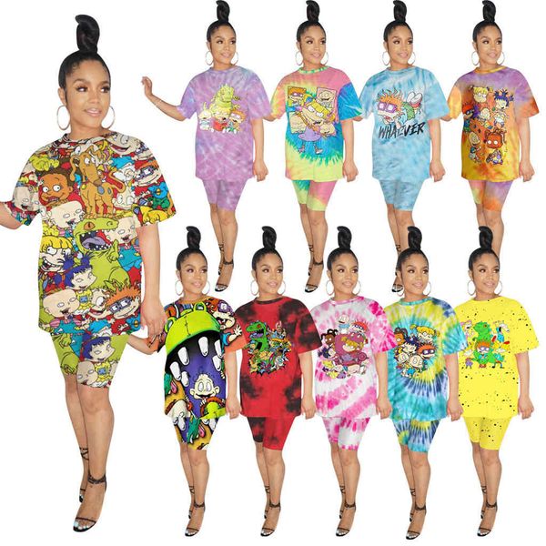

summer womens cartoon printed tracksuit casual sportswear fashion tie dye loose short sleeve t-shirt shorts 2 piece set outfits jogger suit, Gray