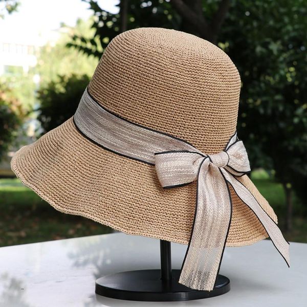 

korean summer all-match straw hatbowknot foldable beach sunscreen handmade leisure fisherman hats women large wide brim, Blue;gray