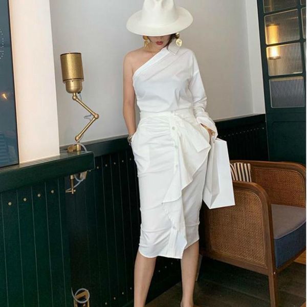 

two piece dress women set skirt sets irregular long sleeve white cotton shirt high waist ruffle skirts 2piece z112