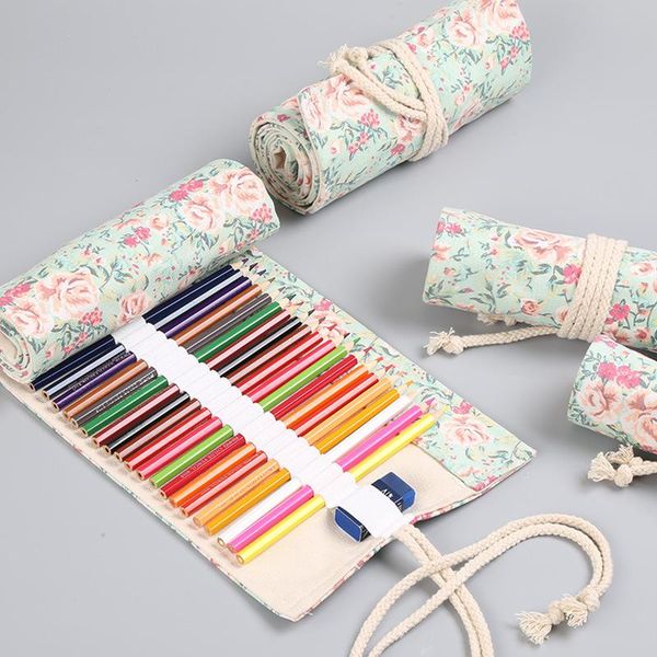 

pencil bags floral pattern handmade large capacity 36/48/72slot canvas bag wrap fold pouch stationery office school supplies h6756