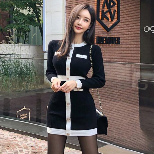 

casual dresses golden buttons korean knitted sweater dress women o-neck long sleeve vintage mini luxury office lady pullovers c952, Black;gray