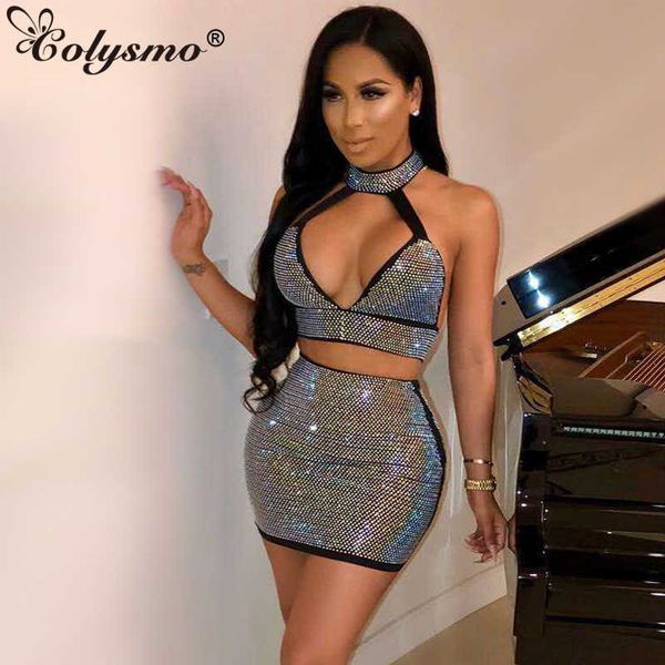 Colysmo Sparkly Diamond Two Piece Set 2 Mulheres Halter Dress Sexy Club Party Vestidos Bodycon Curto Matching Outfits 210527
