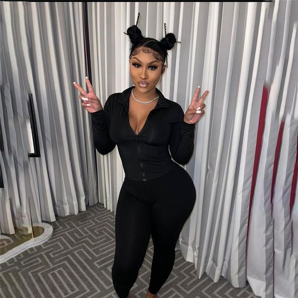 

women's two piece pants simple pure color deep v neck long sleeve bro and casual lady fashion tracksuits high street outfits, White