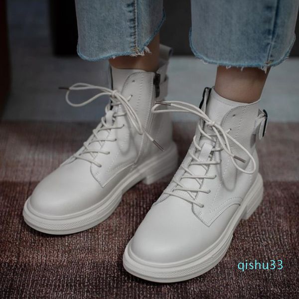 Großhandels-Stiefel Frauen Echtes Leder Knöchelschuhe Dicke Unterseite Reißverschluss Plattform Frau Winter Weiße Mode