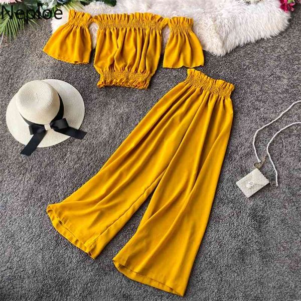 

holiday beach 2 pcs women set slash neck off shoulder strapless + high waist hip wide leg pants summer suit 48975 210422, White