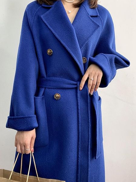 

women's wool & blends limited 599 high-end wavy double-sided cashmere coat suit collar double breasted tweed 21 style, Black