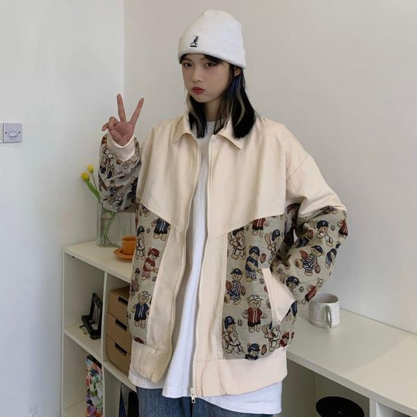 

men's jackets 2021 fashion bear printing streetwear bomber couple clothes apricot/black color coats casual tend outerwear m-xl, Black;brown