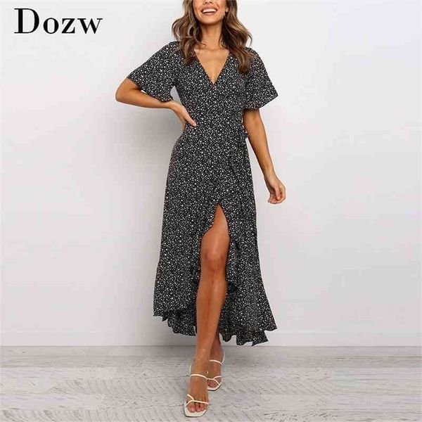 

vintage printed long maxi dress women summer boho beach split v neck short sleeve ruffles casual warp es 210515, Black;gray
