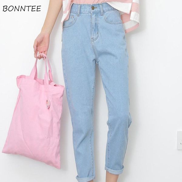 

jeans women button pockets denim pencil pant womens loose leisure solid simple all-match spring bottoms chic korean style female women', Blue
