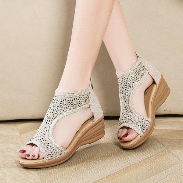 

sandals woman med heeled wedges slingback glitter crystal gladiator platform peep toe rome sandalis calzado pu leather shoes, Black