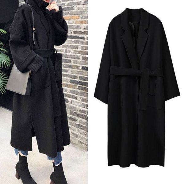 

women's wool & blends long coat winter women belted solid jacket 5 colors, Black