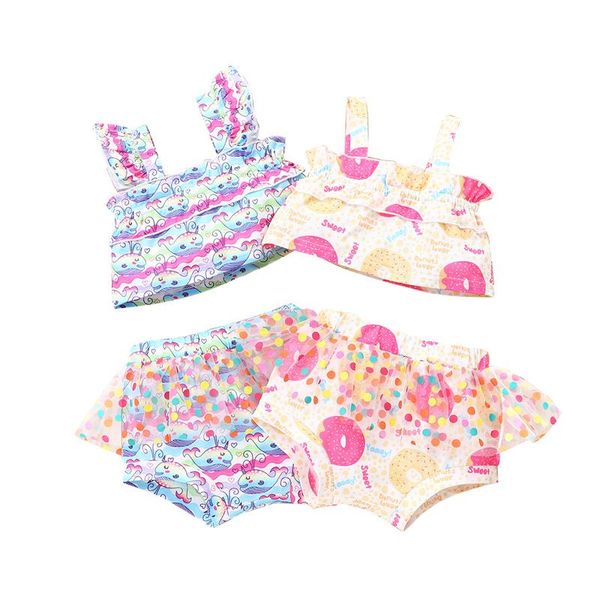 

clothing sets summer 2pcs infant girls cotton clothes sets,3-18months baby doughnut/dolphin print frilly tank +gauze splicing shorts, White
