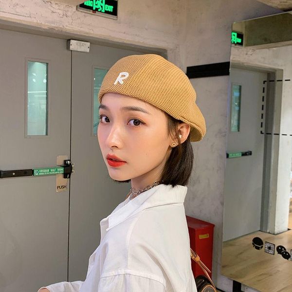 

berets pure color wool knitted beret female autumn and winter fashion western embroidered letter, Blue;gray