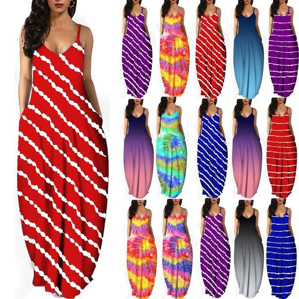 

casual dresses 2021 summer beach deep v-neck party sling long women tie dye striped maxi dress robe longue vestidos, Black;gray