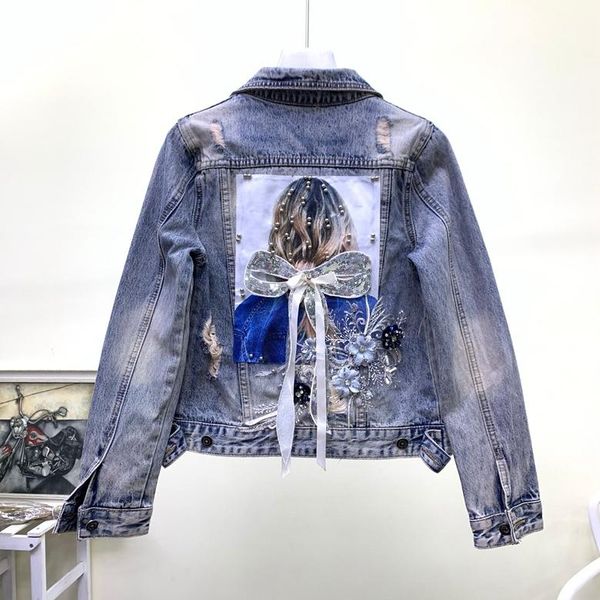 

women's jackets fashion denim jacket coat beautiful girls pattern flowers applique sequins ribbon decoration ripped holes jeans, Black;brown