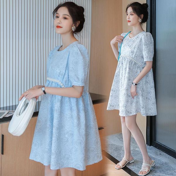 

6221# maternity dress summer o neck floral cotton short sleeves loose stylish pregnant women mom dresses, White