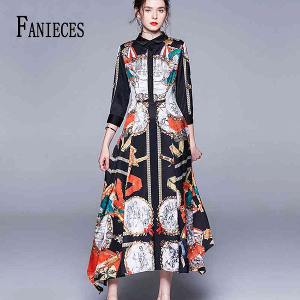Ins Fashion Runway Designer Summer Autumn A-Line Dress Donna Collare Animal Floral Print Vintage Maxi Abiti robe femme 210520