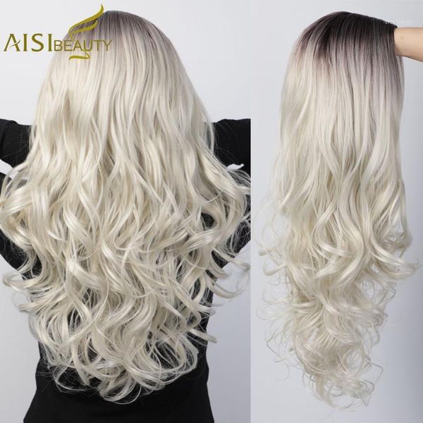 

beauty long wavy synthetic wigs ombre platinum blonde women for african american middle part black grey cosplay1