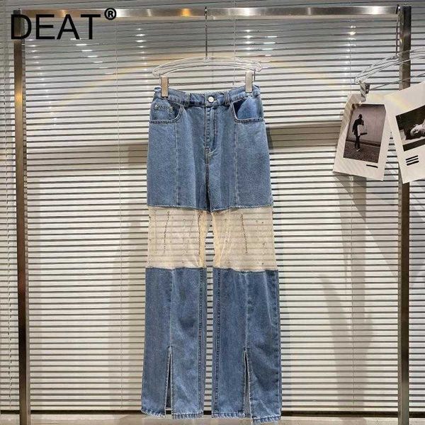 

deat spring summer fashion casual hollow splicing diamond design split wide leg jeans long pants women sk828 210709, Blue