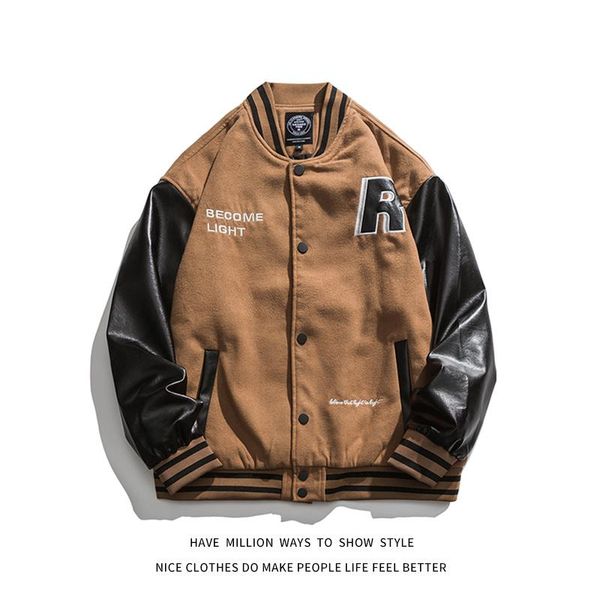 

men's jackets autumn original patchwork letter embroid pu leather sleeve men baseball bomber jacket women varsity coat street chic, Black;brown