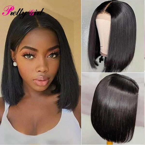 

beautiful girl with straight hair 13x4 lace front short bob human hair wig womens wig cap brazilian hair, Black