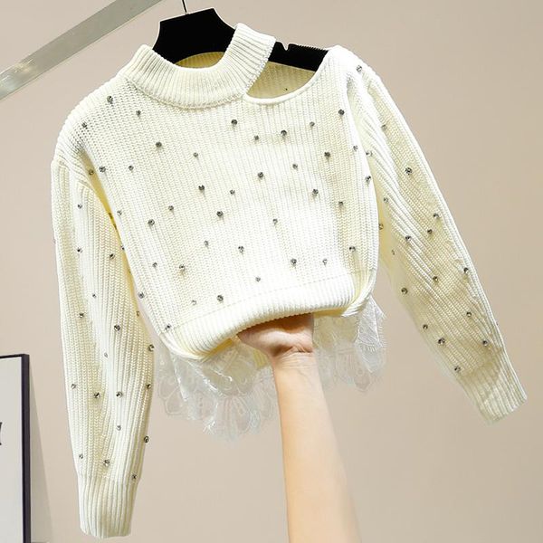 

women's sweaters autumn crystal sweater female hem lace stitching short off shoulder half-collar womens elegant, White;black