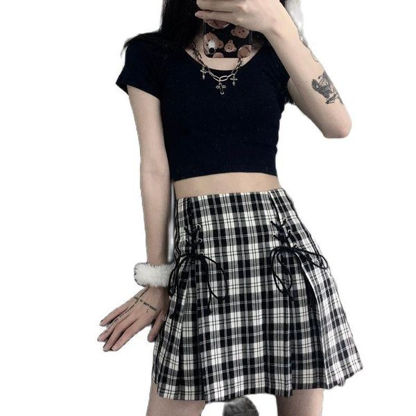 

skirts bandage lace up plaid skirt girl mini streetwear y2k, Black