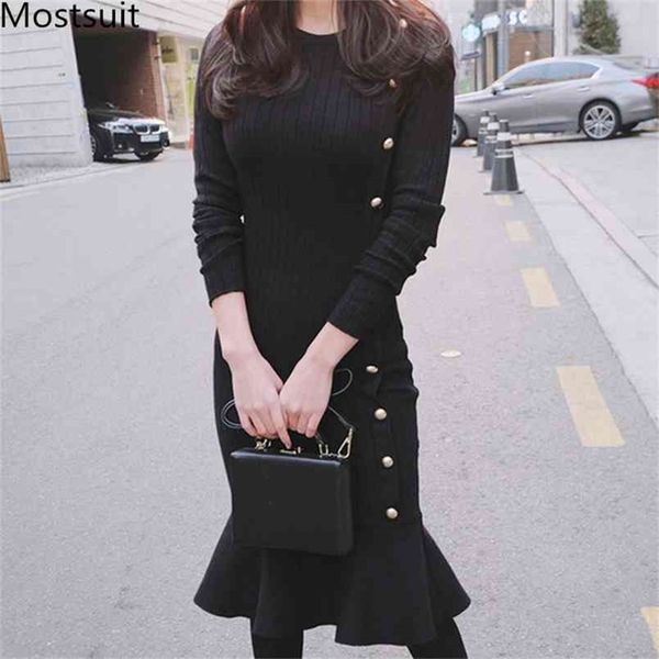 

winter thicken knitted gold buttons dress women long sleeve o-neck slim pencil pleated midi-length sweater dresses vestidos 210513, Black;gray