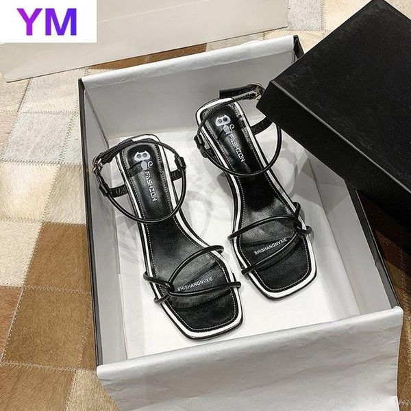 

ladies summer high heels sandals ankle strap gladiator shoes women party squaretoe white zapato mujer, Black