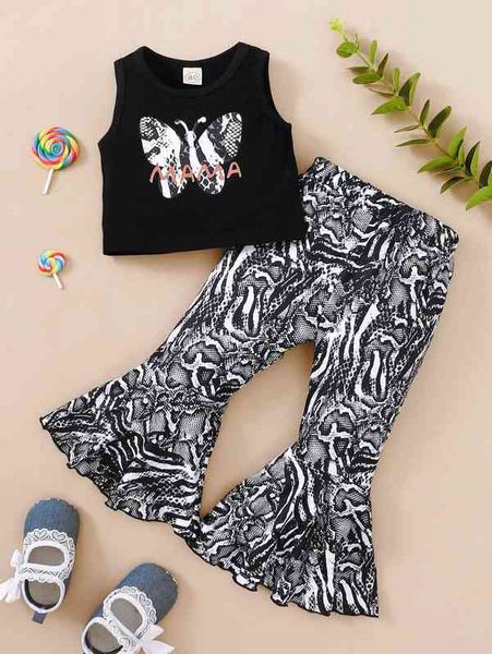 

baby girl letter graphic tank with snakeskin print flare leg pants she, Blue