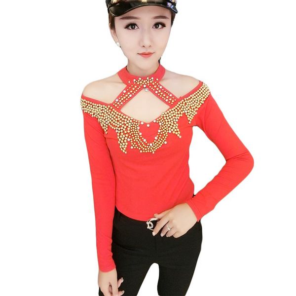 

women's t-shirt hollow out black red women high collar t shirts beading bottoming blusas het, White