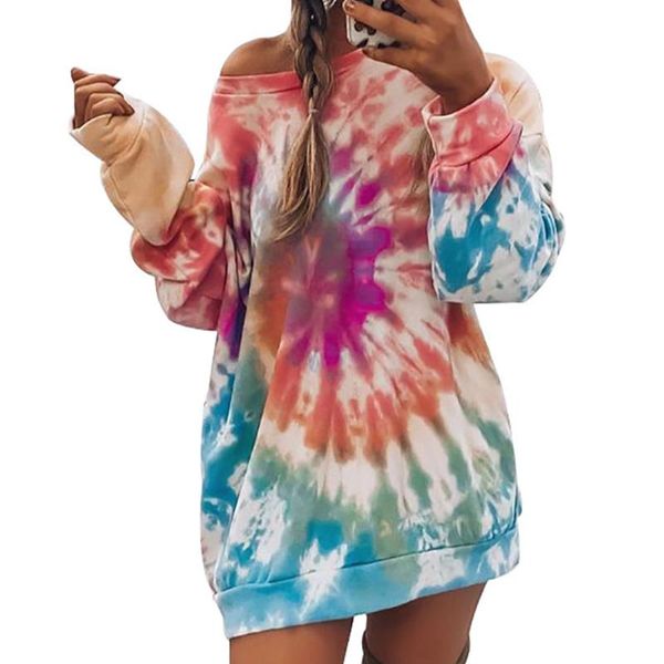 

casual dresses fashion tie dye women hoodie long sleeve crew neck female loose shirt dress baggy autumn comfy pullover, Black;gray