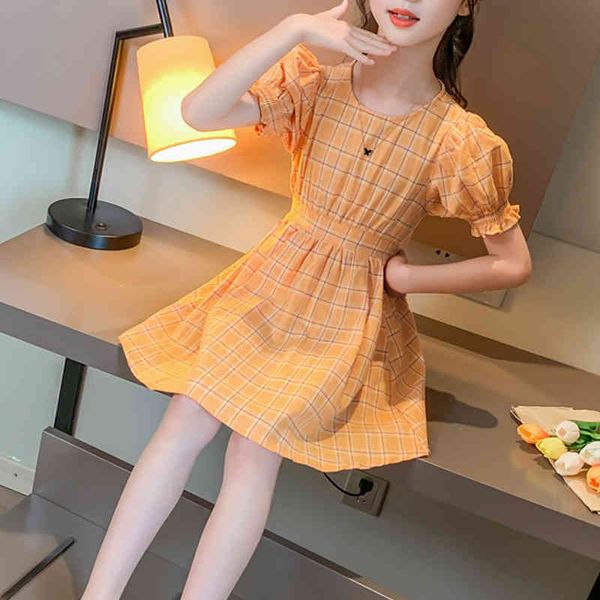 

girl dress kids clothes ruff-sleeve plaid printed princess cute summer children 210515, Red;yellow